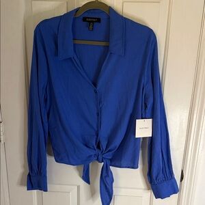 NEW Ellen Tracy Cobalt Blue Button-Front Tie Hem Shirt, 25% linen